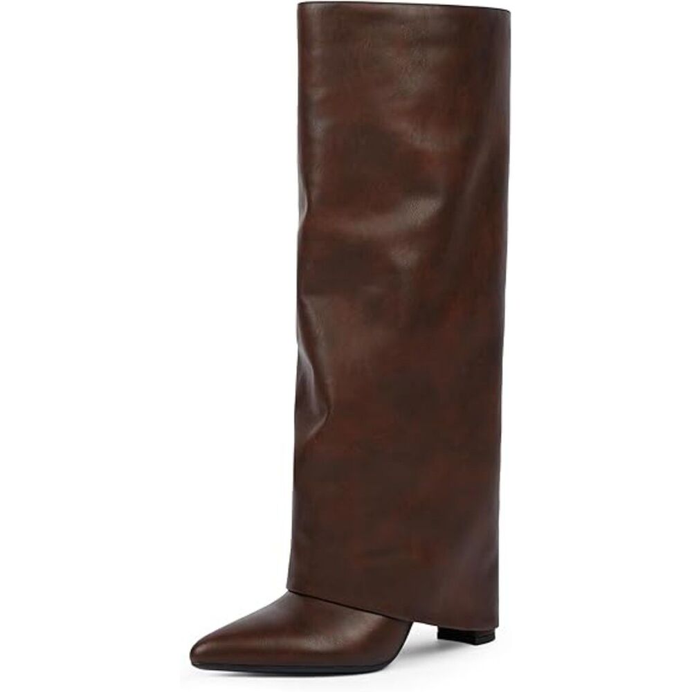 Women's Brown Pointed Toe Rubber Sole Side Zipper Chunky Heels Knee High Boots